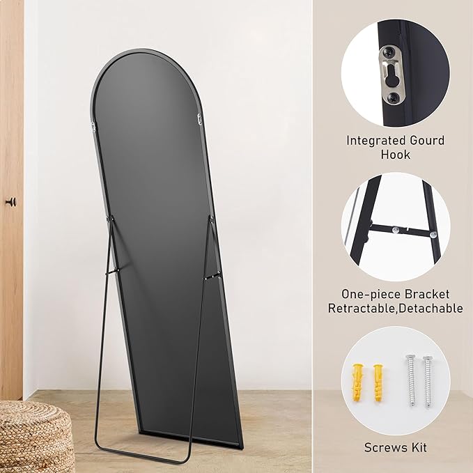 OLIXIS Arched Full Length Mirror for Bedroom, 56"x15" Full Body Mirror with Stand, Hanging or Leaning for Wall, Aluminum Alloy Thin Frame Floor Standing for Living Room, Long, Black
