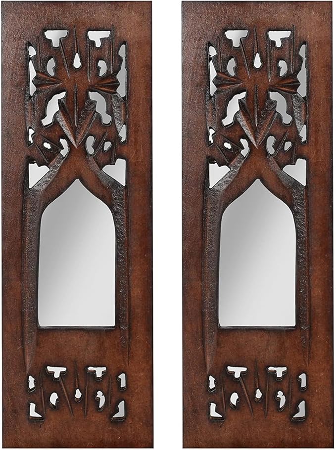 The Wooden Town Wall Hanging Plaques Wall Décor Jharokha With Mirror, Elegant Sculpture Wall Décor Panel to Enhance the Décor of Your Room or Office - 12x4 Inch - Burnt Set of 2