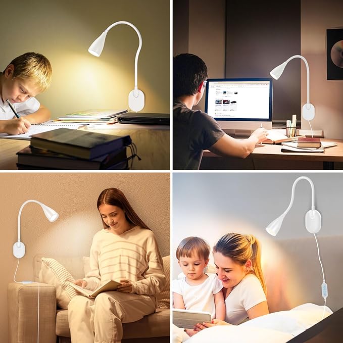 LiFMIRA Wall-Mounted LED Bedside Reading Light with USB Charging Port, 10-Level Dimmable & Adjustable 5 Color, Plug-in Adhesive Night Lamp for Books in Bed, Eye-Caring Bedroom Lighting (White 2 Pack)