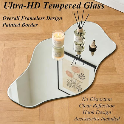 Irregular Frameless Mirror, 54.5"x24" Large Asymmetrical Tempered Glass Mirror, Modern Silver Organic Wall Mirrors for Living Room Bedroom Hallway Entryway, Horizontal or Vertical Hanging