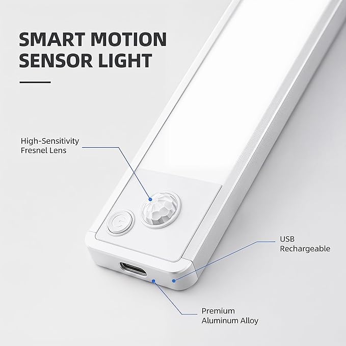 Under Cabinet Rechargeable Lighting: 8 Inch Motion Sensor Dimmable Lights Indoor - Battery Operated Lights - Wireless Closet Light Magnetic Led Light for Kitchen Home Bathroom Counter 4 Pack