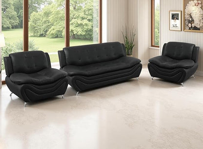 Faux Leather Sofa Couches Set, Living Room Furniture Sets, Black Sofa and 2 Chairs for Bedroom, Apartment, for Living Room