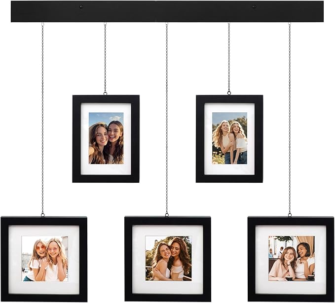 Solid Wood Collage Picture Frame Set of 5, Black Gallery Wall Hanging Frames with Adjustable Metal Chains, Displays Two 5x7 and Three 7x7 Photos,Ideal for Living Room, Hallway and Home Decor