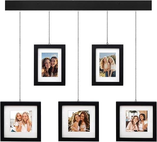 Solid Wood Collage Picture Frame Set of 5, Black Gallery Wall Hanging Frames with Adjustable Metal Chains, Displays Two 5x7 and Three 7x7 Photos,Ideal for Living Room, Hallway and Home Decor