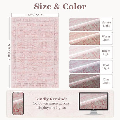 Pink Rug for Living Room 6x9, Aesthetic Distressed Area Rugs for Bedroom Girls Non Slip, Washable Low Pile Thin Carpet Rugs for Nursery Kids Baby Room Dorm, Playroom Rug Dining Room