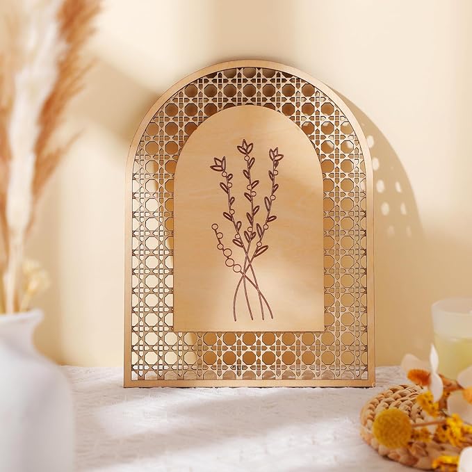 Wesiti 4 Pcs Rattan Wooden Boho Wall Decor Floral Natural Room Wall Art Aesthetic Nursery Farmhouse Hanging Decor for Bedroom Living Room Office
