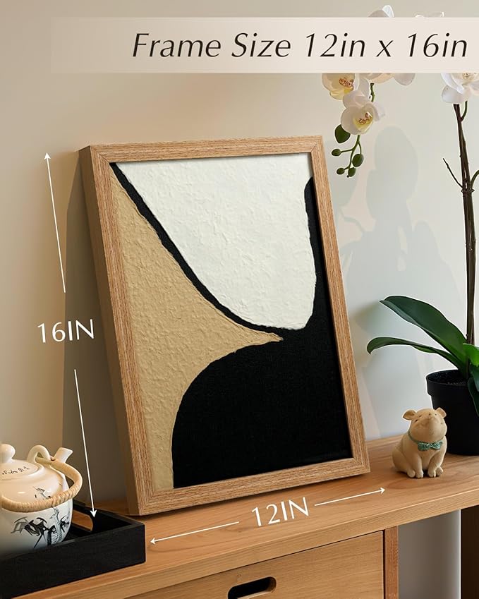 VIYYIEA Framed 3D Textured Wall Art, Handmade Paper Artwork,12x16inch, Modern Minimalist Neutral Decor for Living Room Bedroom Shelf, Black White Beige Abstract Picture