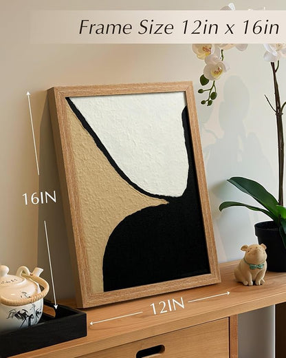 VIYYIEA Framed 3D Textured Wall Art, Handmade Paper Artwork,12x16inch, Modern Minimalist Neutral Decor for Living Room Bedroom Shelf, Black White Beige Abstract Picture