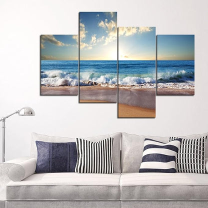 Beautiful Sunrise Beach Ocean Wave Pictures Wall Art for Living Room Home Decor Framed Stretched Modern Landscape Seascape Painting on Canvas 4 PCS Combination (40" W x 28" H)