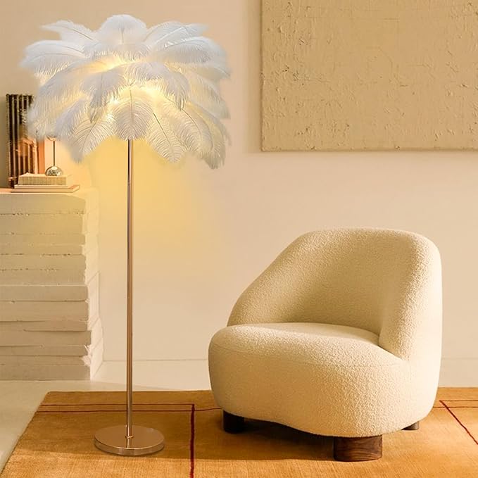 Feather Floor Lamp,Fluffy Ostrich Feather Floor Lamp for Bedroom,3 Color Temperatures Led Corner Modern Floor Lamps for Living Room Christmas Home Decor House Warming Gifts,63″ Height (White)