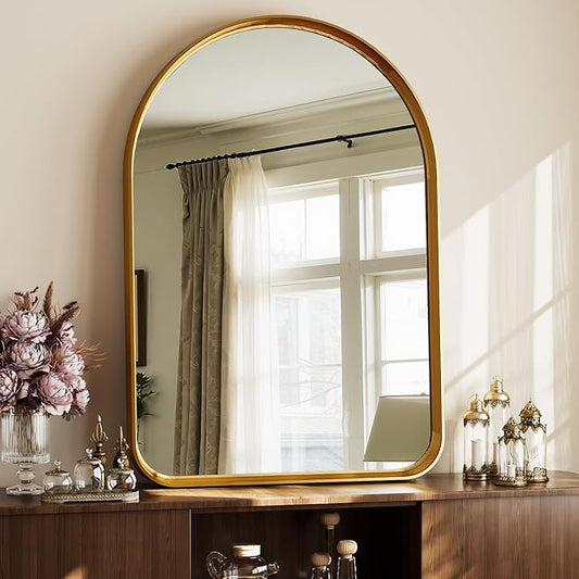 Arched Bathroom Mirror - 38x26 Inch Gold Bathroom Mirror for Wall - Aluminum Alloy Framed Mirror - Arched Top Bathroom Vanity Mirror for Living Room, Bedroom, Mantel, Entryway, and Hallways