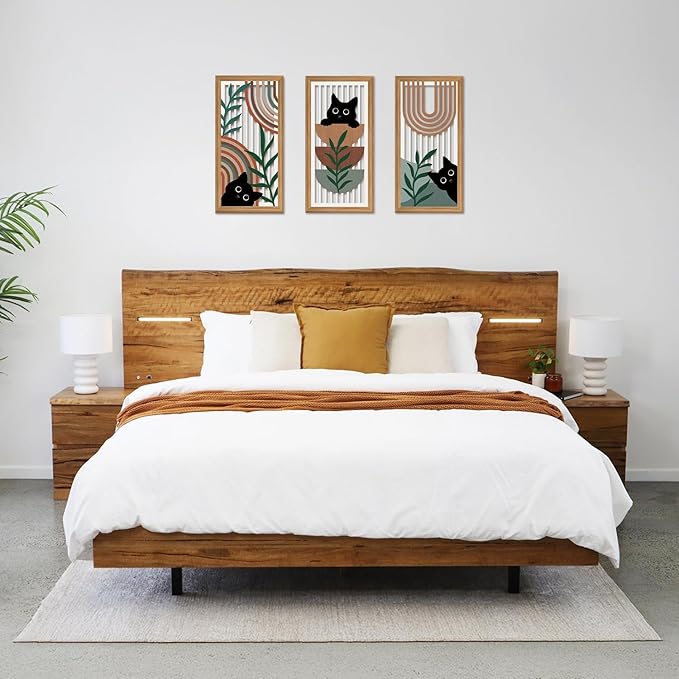 IARTTOP Black Cat Wall Art 3 Pcs Boho Mid Century Modern Wood Wall Decor Abstract Geometric Bohemian Cat Hanging Decor for Farmhouse Bedroom Living Room 7.9 x 15.8 Inch