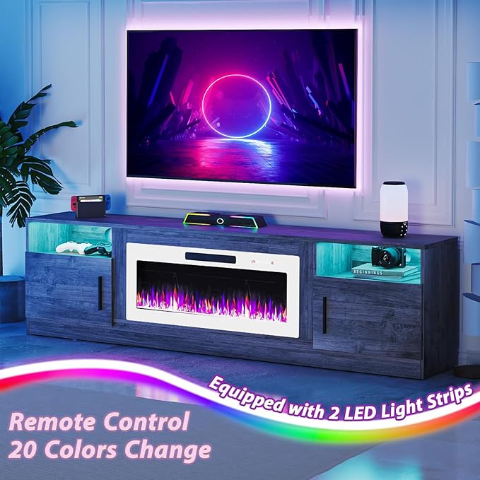 Tavata 80" Fireplace TV Stand, Modern LED Light Entertainment Center with Storage and 36" Fireplace, Media TV Console for TVs Up to 90", Fire Place TV Stands for Living Room, Grey+White