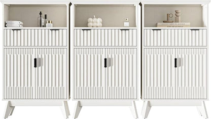 Fatmok Buffet Cabinet with Storage Set of 3, 40" Modern Fluted Coffee Bar Cabinet with Drawer & Open Shelf, Wood Buffet Sideboard Console Table for Entryway, Kitchen, Living Room (White)