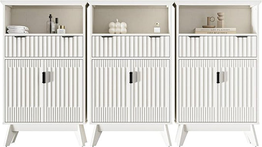 Fatmok Buffet Cabinet with Storage Set of 3, 40" Modern Fluted Coffee Bar Cabinet with Drawer & Open Shelf, Wood Buffet Sideboard Console Table for Entryway, Kitchen, Living Room (White)