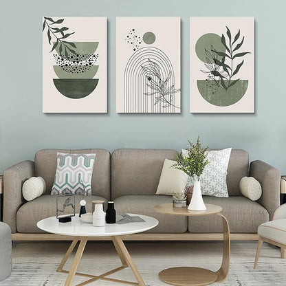Sage Green Wall Posters & Prints, Green Boho Wall Art Set of 3, Minimalist Framed Wall Art Geometric Line Leaf Sun Moon Beige Green Canvas Artwork Paintings