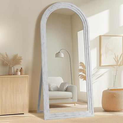 MELOMOIR Arched Full Length Mirror with Solid Wood Frame, 71"x32" Rustic Farmhouse Large Floor Mirror with Stand, Free Standing Leaning Hanging, for Bedroom Living Room Dressing Room, Weathering White