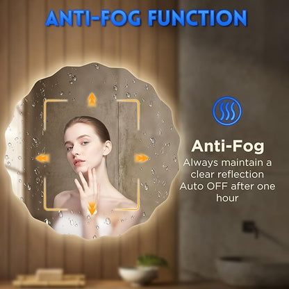 Dorlicecass Round Led Bathroom Mirror- 24" Wavy Vanity Mirror with Lights IP54 Enhanced Anti-Fog,Single Piece 3 Colors Dimmable, Memory,Tempered Glass,UL Listed