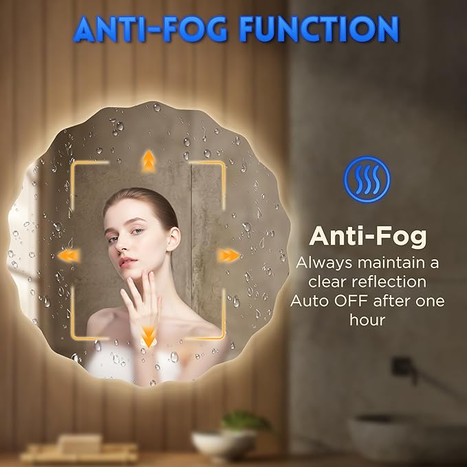 Dorlicecass Round Led Bathroom Mirror- 32" Wavy Vanity Mirror with Lights IP54 Enhanced Anti-Fog,Single Piece 3 Colors Dimmable, Memory,Tempered Glass,UL Listed