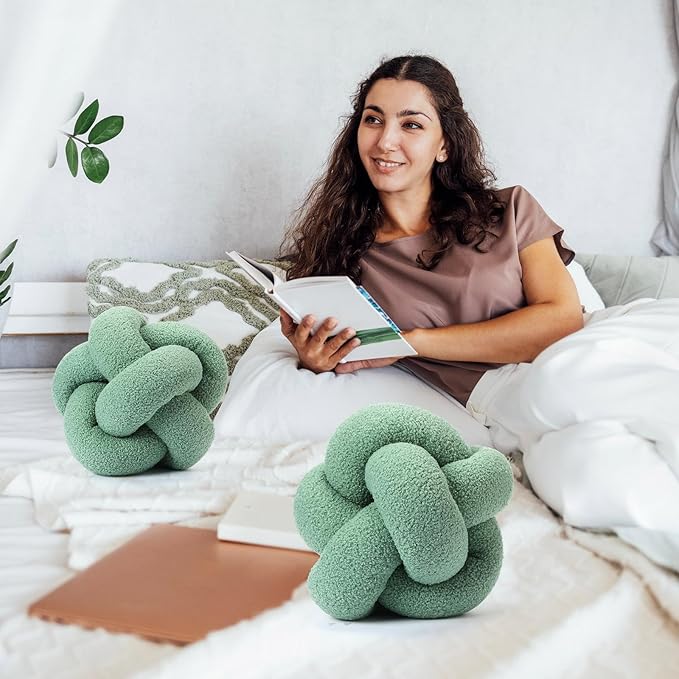 Beeveer 2 Pcs Knot Pillow Ball 12 Inch Soft Decorative Teddy Boucle Knot Throw Pillows for Home Bed Couch Living Room Decor (Green)
