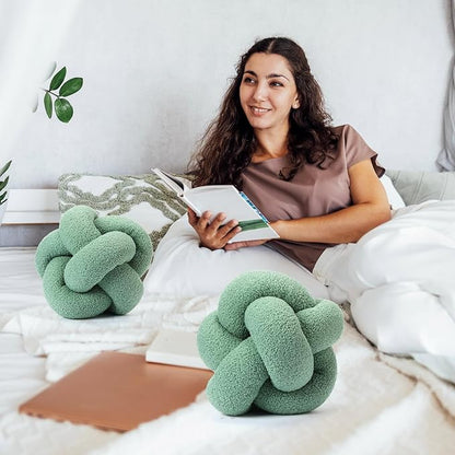 Beeveer 2 Pcs Knot Pillow Ball 12 Inch Soft Decorative Teddy Boucle Knot Throw Pillows for Home Bed Couch Living Room Decor (Green)