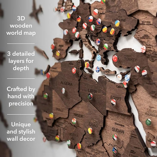 Enjoy The Wood 3D Wooden World Map Wall Art - Large Travel Map with Pins for Art Decor - Decorative Map of the World for Home, Office - Travel Wall Art Housewarming Gift Idea (Dark Walnut, 3XL, Unframed)