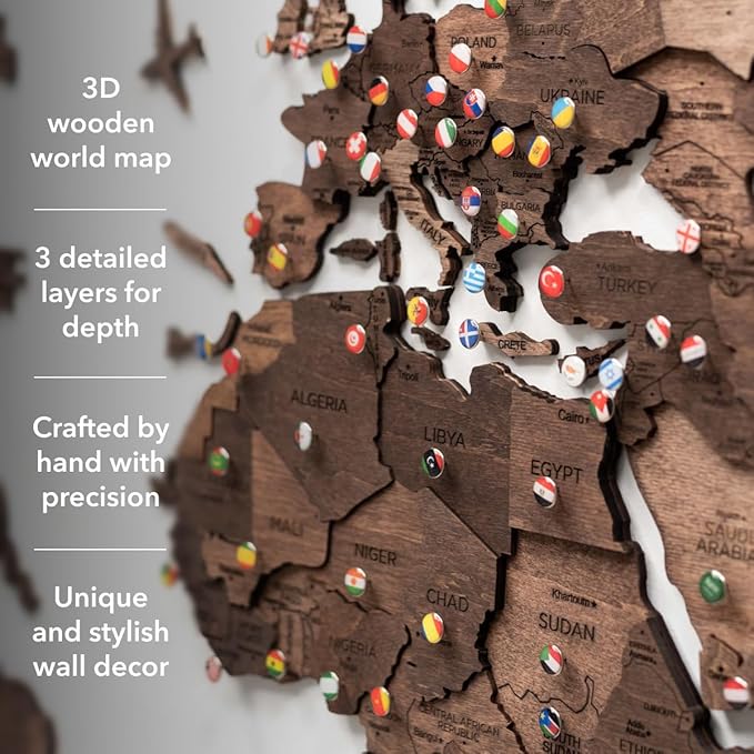 Enjoy The Wood 3D Wooden World Map Wall Art - Large Travel Map with Pins for Art Decor - Decorative Map of the World for Home, Office - Travel Wall Art Housewarming Gift Idea (Dark Walnut, 2XL, Unframed)