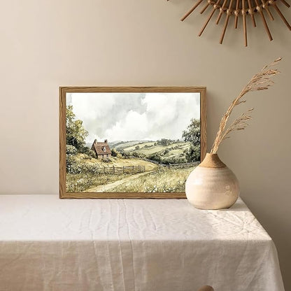 Framed Vintage Canvas Wall Art, Cottage Landscape Wall Decor Paintings, Rustic Farmhouse Pictures Prints Aesthetic Home Decor for Living Room Bedroom Bathroom 8x10 inch