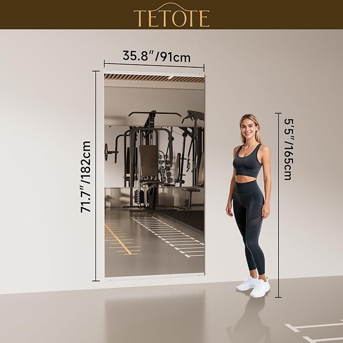 TETOTE Home Gym Mirror 72" x 36" - 1PC Large Tempered Glass Workout Mirrors for Home Gym, Exercise Fitness Wall Mounted Frameless Full Length Mirror for Garage, Dance Studio, Yoga, Living Room