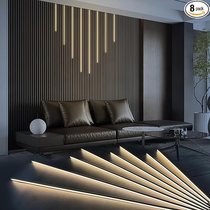 HAMRVL Black LED Recessed Lighting Kit - 8 PCS 3000K Warm White LED Strip Lights with Touch Control, Dimmable Self-Adhesive Wall Panel Lights for Wood Slat Wall Panels, Under Cabinet (Black Cover)