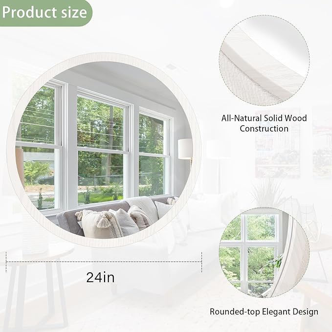 JJUUYOU Large Circle Wall Mirror 24 Inch Large Round Wall Mounted Antique Mirror for Bathroom Wood Frame Mirror for Living Room Bedroom Washroom Dorm