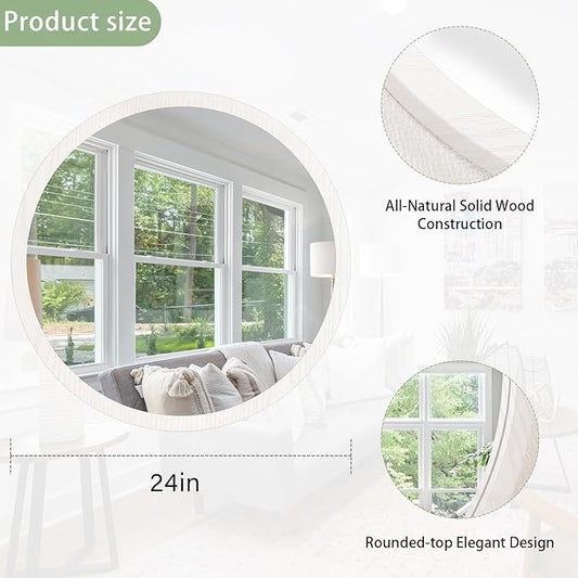 JJUUYOU Large Circle Wall Mirror 24 Inch Large Round Wall Mounted Antique Mirror for Bathroom Wood Frame Mirror for Living Room Bedroom Washroom Dorm