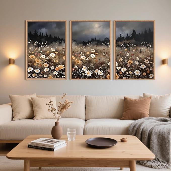 Moody Wildflower Framed Canvas Wall Art Set, Calming Nature Dark Floral Wall Decor, Boho Misty Forest Botanical Meadow Artwork Modern Landscape Print for Living Room,Bedroom-24 x36 x3