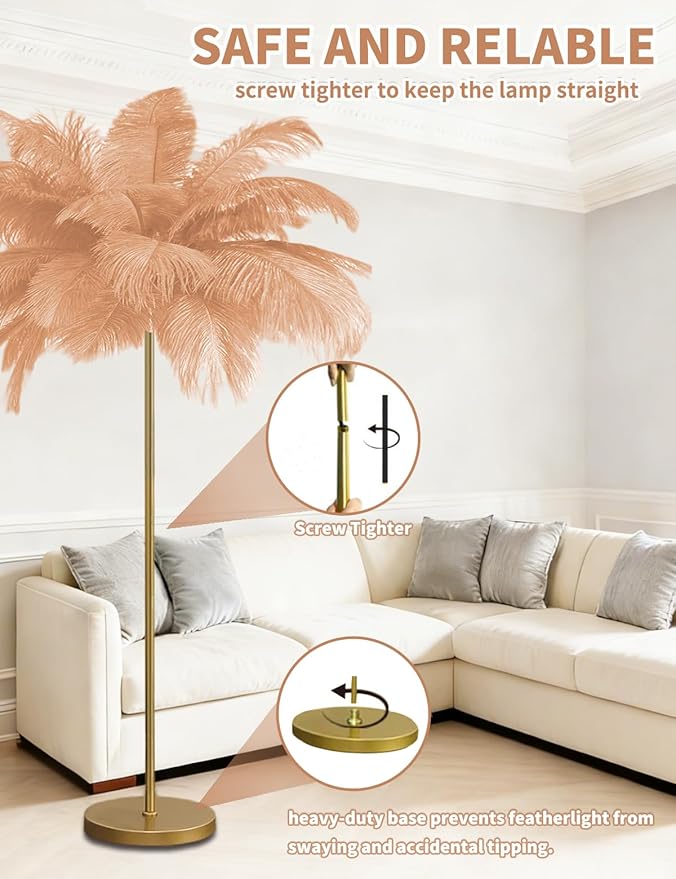 Feather Floor Lamp,Fluffy Ostrich Feather Floor Lamp for Bedroom,3 Color Temperatures Led Corner Modern Floor Lamps for Living Room Christmas Home Decor House Warming Gifts,63″ Height (Champagne)