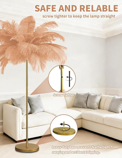 Feather Floor Lamp,Fluffy Ostrich Feather Floor Lamp for Bedroom,3 Color Temperatures Led Corner Modern Floor Lamps for Living Room Christmas Home Decor House Warming Gifts,63″ Height (Champagne)