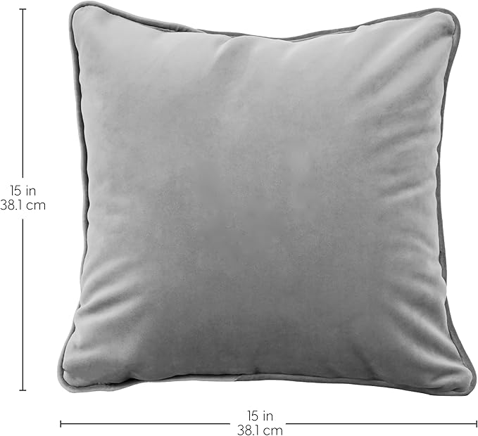 FDP 15" x 15" Velvet Square Pillow Set with Piping Decorative Throw Pillow for Home Dcor in Living Room, Bedroom or Lounge (2-Pack) - Smoke, 15157-343