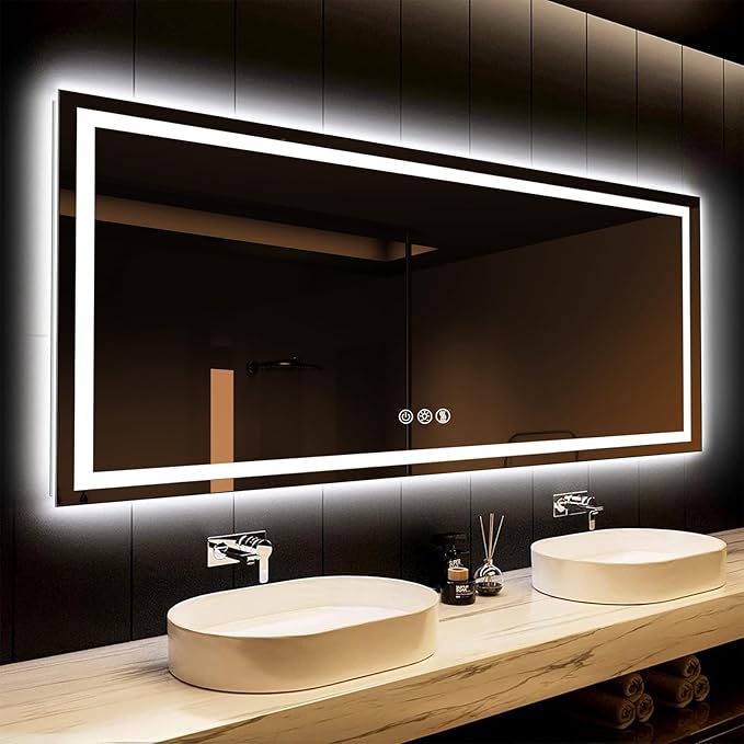 ROOMTEC 77 x 36 Inches LED Bathroom Mirror with Lights, Vanity Mirror with Front and Backlight, Smart Dimmable Anti-Fog LED Mirror for Bathroom, Memory Function, Tempered Glass (Horizontal)