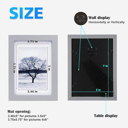 Egofine 5x7 Picture Frames Covered by Plexiglass, 4 Pack for Picture 4x6 with Mat or 5x7 whitout Mat Made of Solid Wood for Table Top Display and Wall Mounting Photo Frame, Light Gray