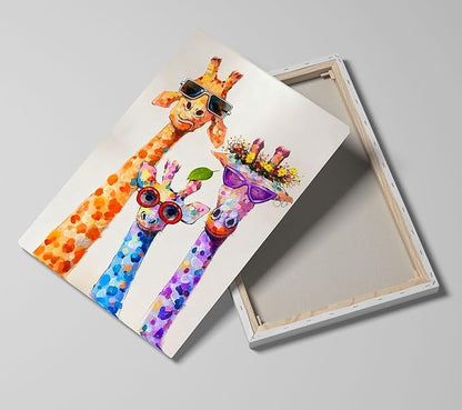 16x24 Graffiti Giraffe Family Canvas Wall Art, Colorful Framed Animal Prints with Sunglasses & Balloon, Funny Lovely Artwork for Kids, Teen Boys Girls, Nursery Bedroom & Living Room Home Decor