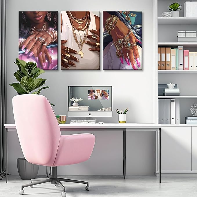 NCYEL 3Pcs Black Girls Wall Art African American Fashion Canvas Print Luxury Shiny Picture Gold Jewelry Decorative Prints Posters Bedroom Living Room Salon Artwork 16X24Inch