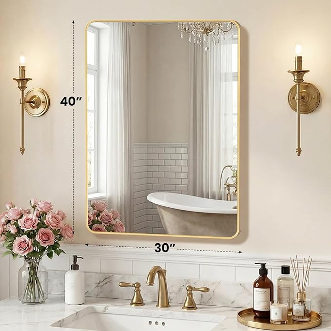 NEWBULIG 30X40 Inch Bathroom Mirror, Rectangle Wall Mirror with Rounded Corners, Gold Vanity Mirrors for Bathroom Sink with Metal Frame for Bedroom, Entryway, Hangs Horizontally or Vertically