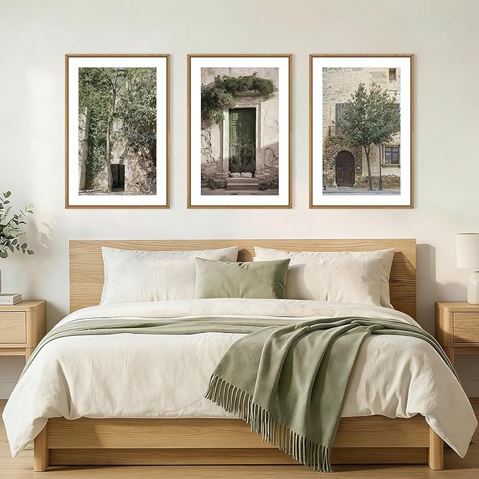 HOURIA Vintage Italy City Landscape Framed Canvas Wall Art Set,Sage Green Olive Tree Old House Wall Decor,Modern Mediterranean Country Cityscape Artwork for Living Room,Bedroom,Farmhouse-16 x24 x3