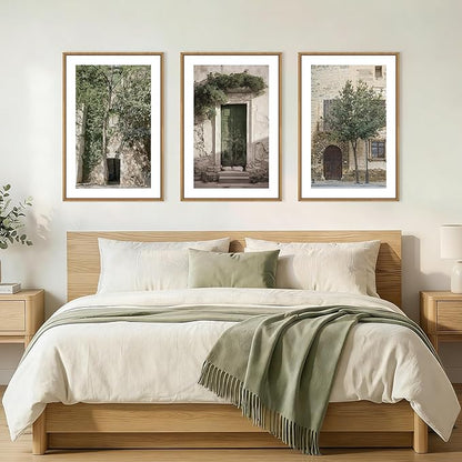 HOURIA Vintage Italy City Landscape Framed Canvas Wall Art Set,Sage Green Olive Tree Old House Wall Decor,Modern Mediterranean Country Cityscape Artwork for Living Room,Bedroom,Farmhouse- 24"x36"x3