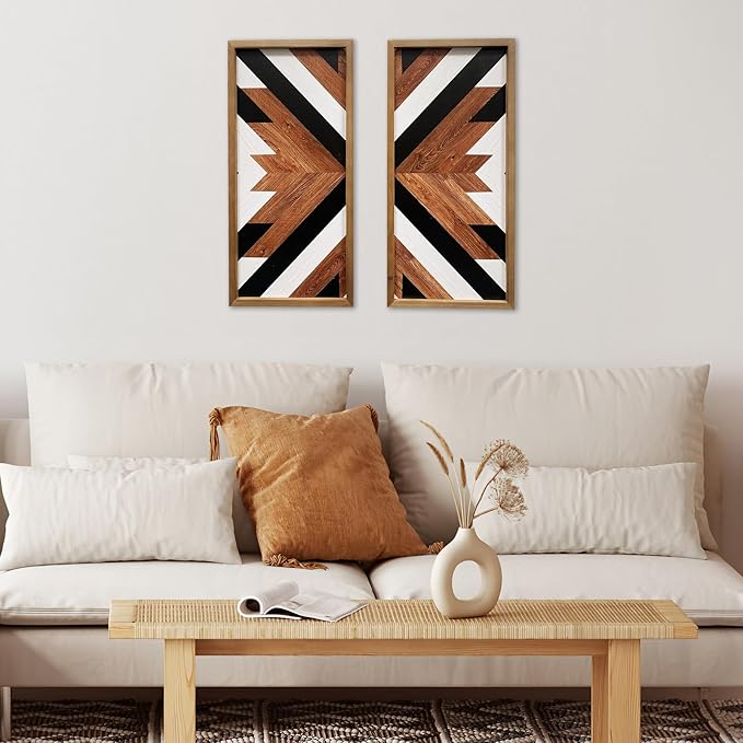 2 Pcs Western Aztec Wall Decor With Wood Framed, 20.9x9.8 Inch Wooden Southwestern Boho Wall Art, Native American Living Room Bedroom Guest Bathroom Rustic Decorations for Home