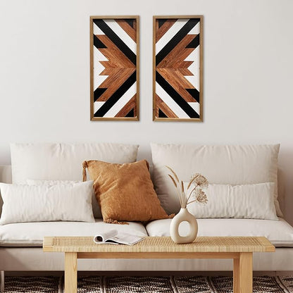 2 Pcs Western Aztec Wall Decor With Wood Framed, 20.9x9.8 Inch Wooden Southwestern Boho Wall Art, Native American Living Room Bedroom Guest Bathroom Rustic Decorations for Home