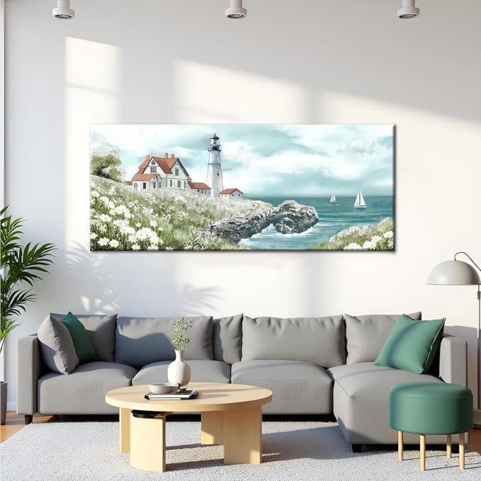 Conipit Coastal Lighthouse Canvas Wall Art Seascape with Sailboats Pictures Portland Lighthouse Painting Ocean Scene Home Decor 20''x48''