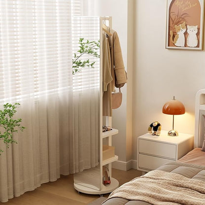 WoodsWhisper Full Length Mirror Coat Rack Solid Wood Floor Mirror 66"x12" Full Length Mirror with Stand Long Mirrors for Bedroom,Living Room (White-Mobile, 66" Lx12 W)