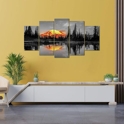 LevvArts 5 Piece Nature Canvas Wall Art Sunrise on Mount Rainier Landscape Picture Prints on Canvas Tipsoo Lake Artwork USA Scenery Poster Stretched and Framed Home Decor Ready to Hang (Large)