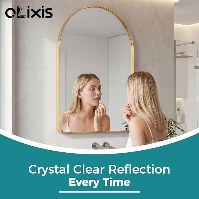 OLIXIS Arched Bathroom Mirror for Over Sink, 36x24 Inch Wall Mirror Arched Rounded Rectangle, Modern Wall Mount Vanity Mirror with Matte Metal Deep Framed, for Home Decor, Living Room, Gold