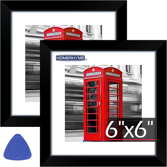 6x6 Picture Frame, Black Photo Frame for Tabletop or Wall Display, Display Pictures 4x4 with Mat or 6x6 Without, Frame Collage with HD Plexiglass for Wall Gallery Decor, 2 Pack with Gadget